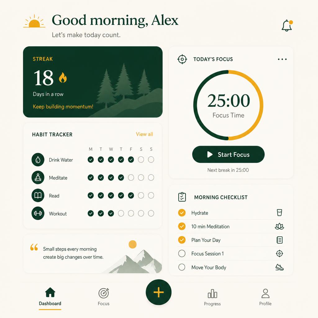 My Productive Mornings app interface showing a daily routine dashboard